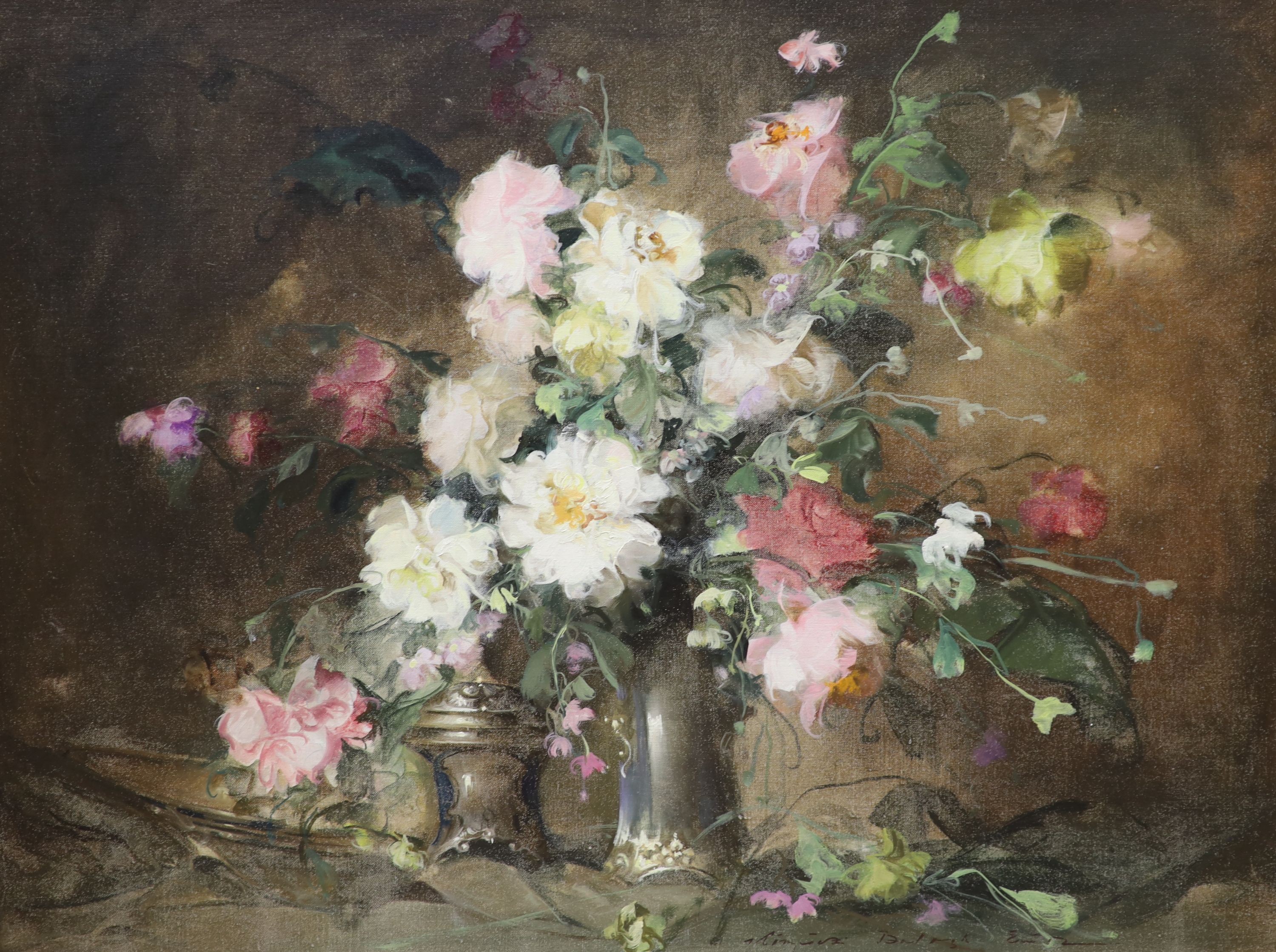 Endre Kompoczy Balogh (1911-1977), oil on canvas, Mixed blossoms, signed, with 1963 Stacey Marks label verso, 59 x 78cm